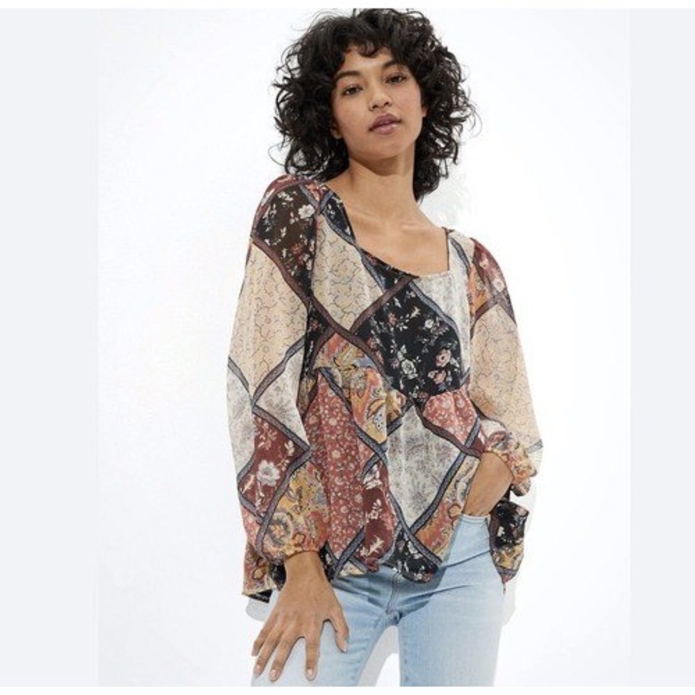 AEO Patchwork Floral Paisley Boho Peplum Blouse Tie Back Medium - Picture 8 of 9